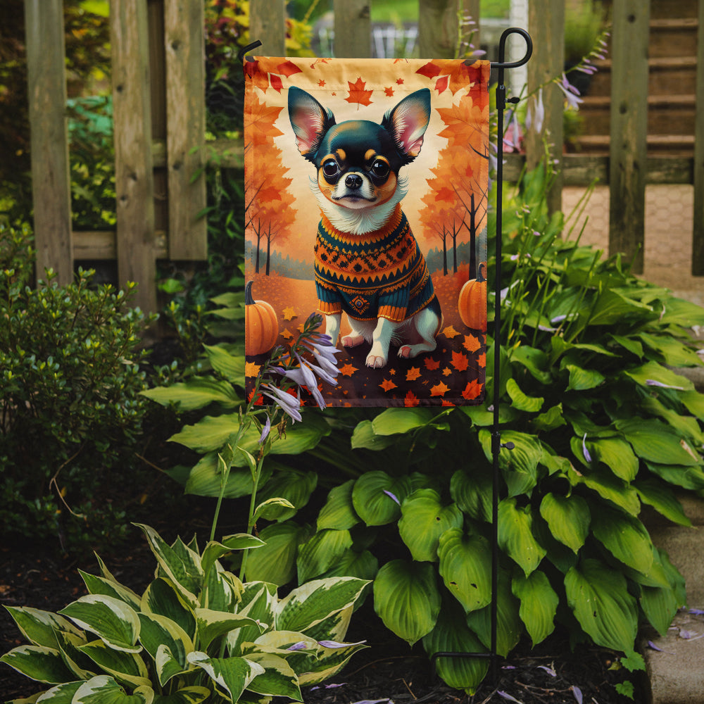 Caroline's Treasures Tricolor Chihuahua Fall Garden Flag – Dog Surrounded by Pumpkins & Autumn Leaves