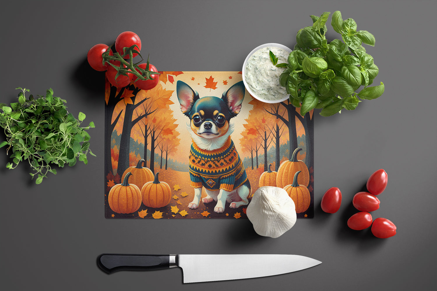 Tricolor Chihuahua Fall Glass Cutting Board Large