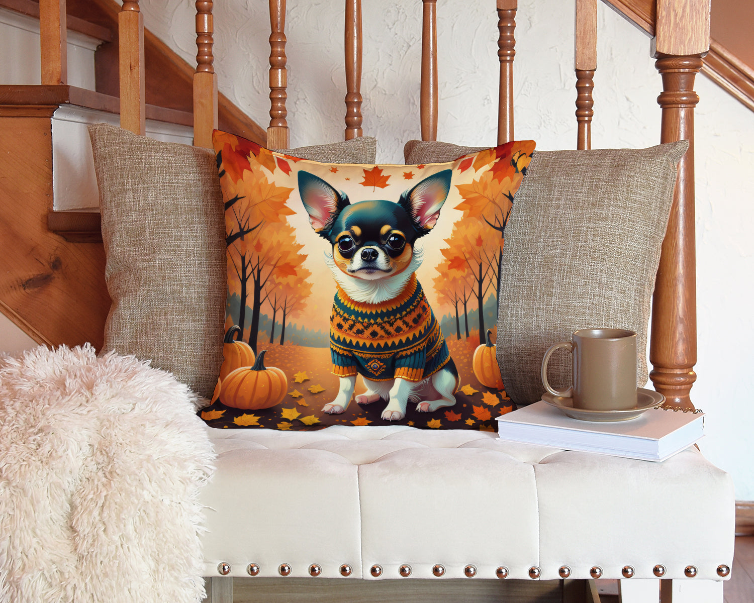 Tricolor Chihuahua Fall Fabric Decorative Pillow
