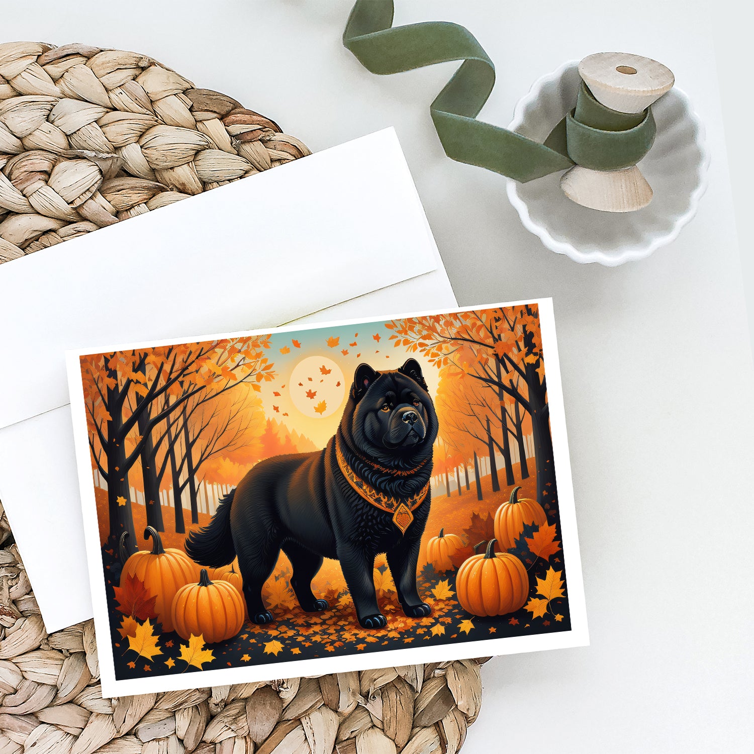 Black Chow Chow Fall Greeting Cards and Envelopes Pack of 8