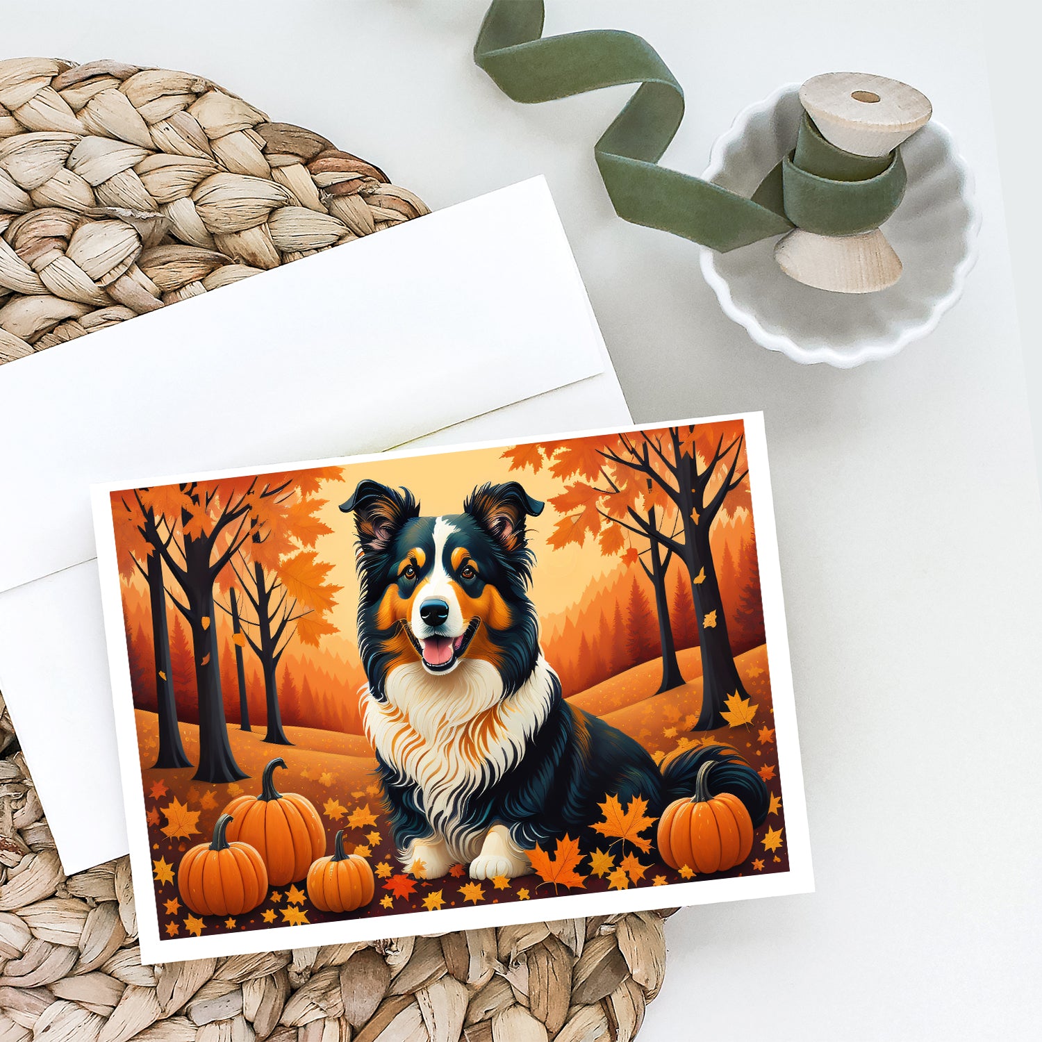 Collie Fall Greeting Cards and Envelopes Pack of 8