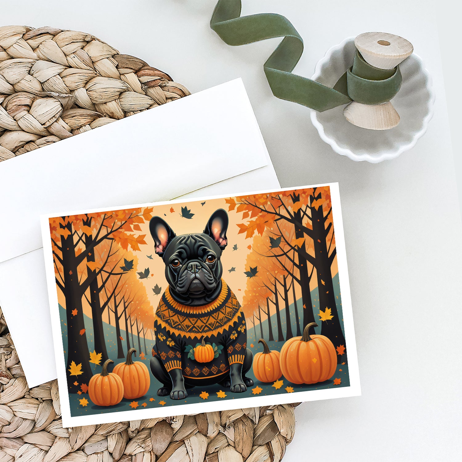 Black French Bulldog Fall Greeting Cards and Envelopes Pack of 8