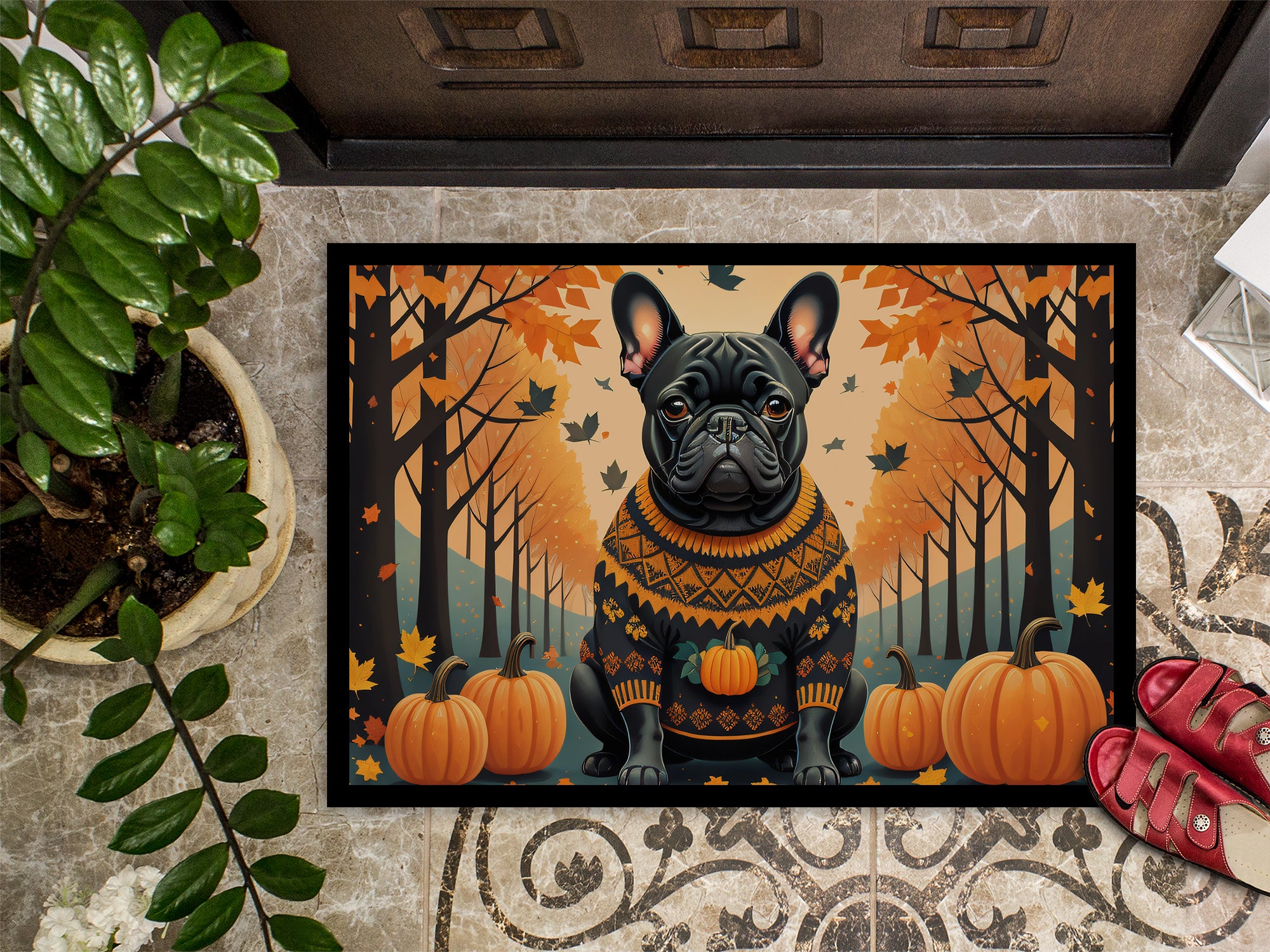 Black French Bulldog Fall Doormat 18x27