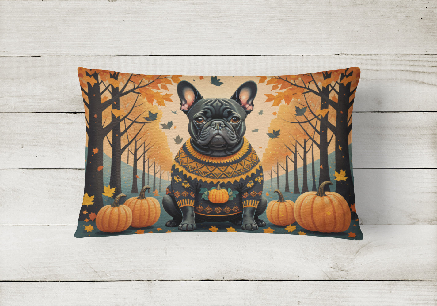 Black French Bulldog Fall Fabric Decorative Pillow