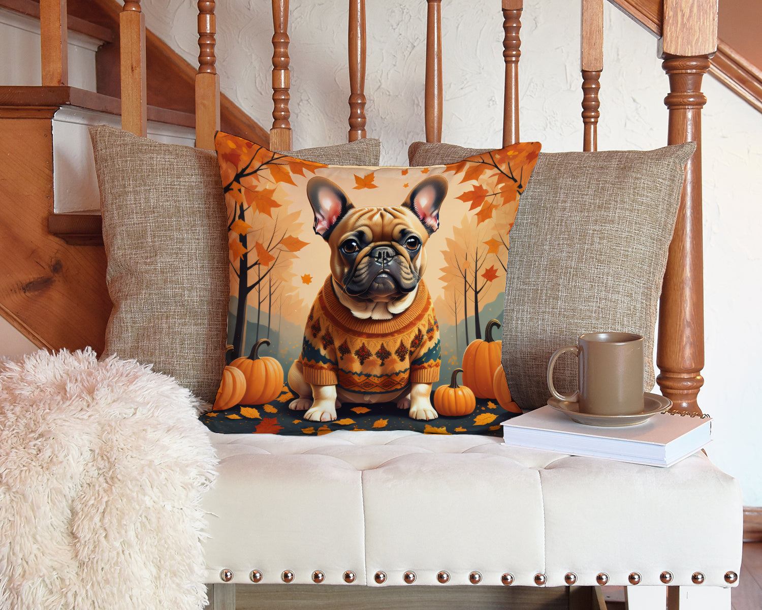 Fawn French Bulldog Fall Fabric Decorative Pillow