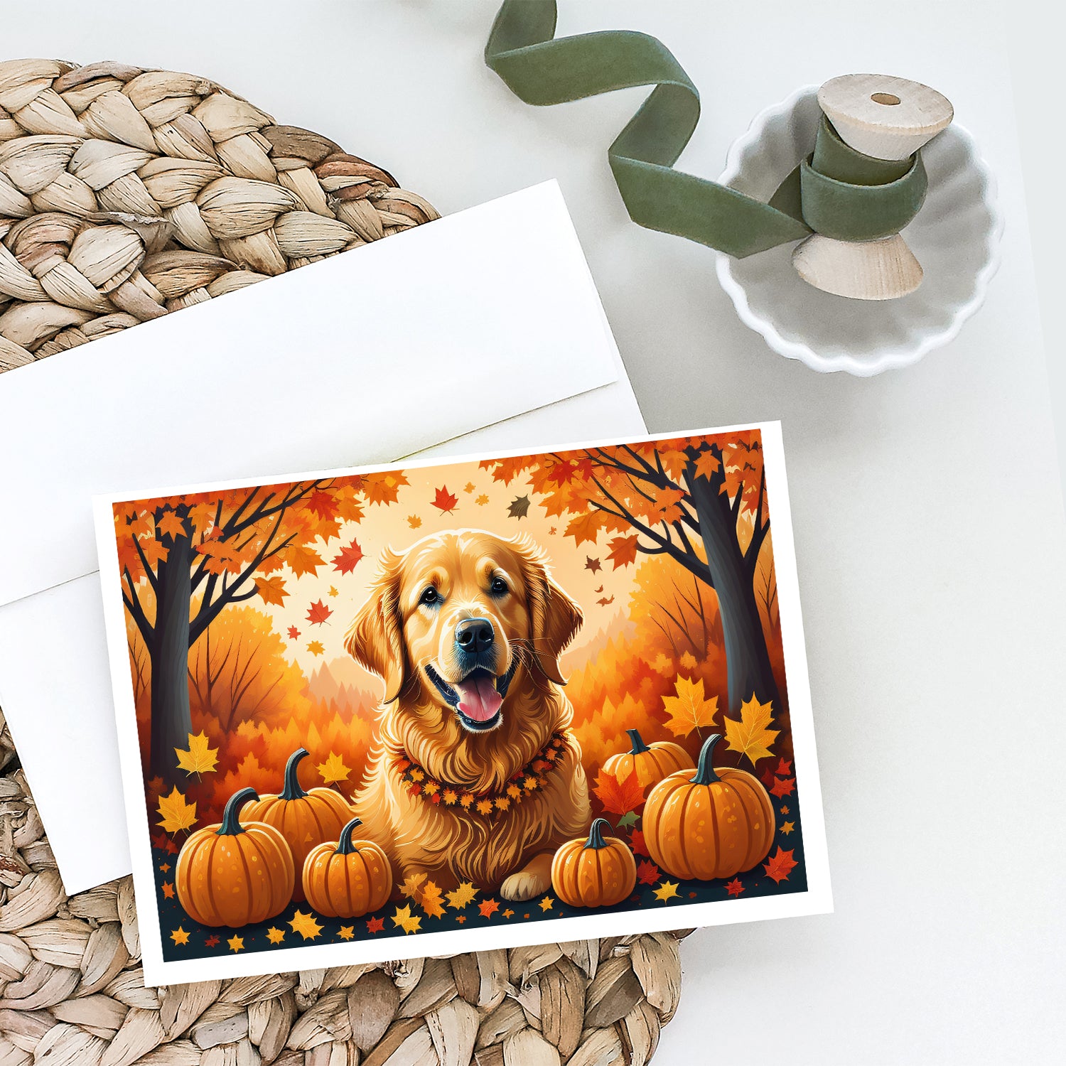 Golden Retriever Fall Greeting Cards and Envelopes Pack of 8