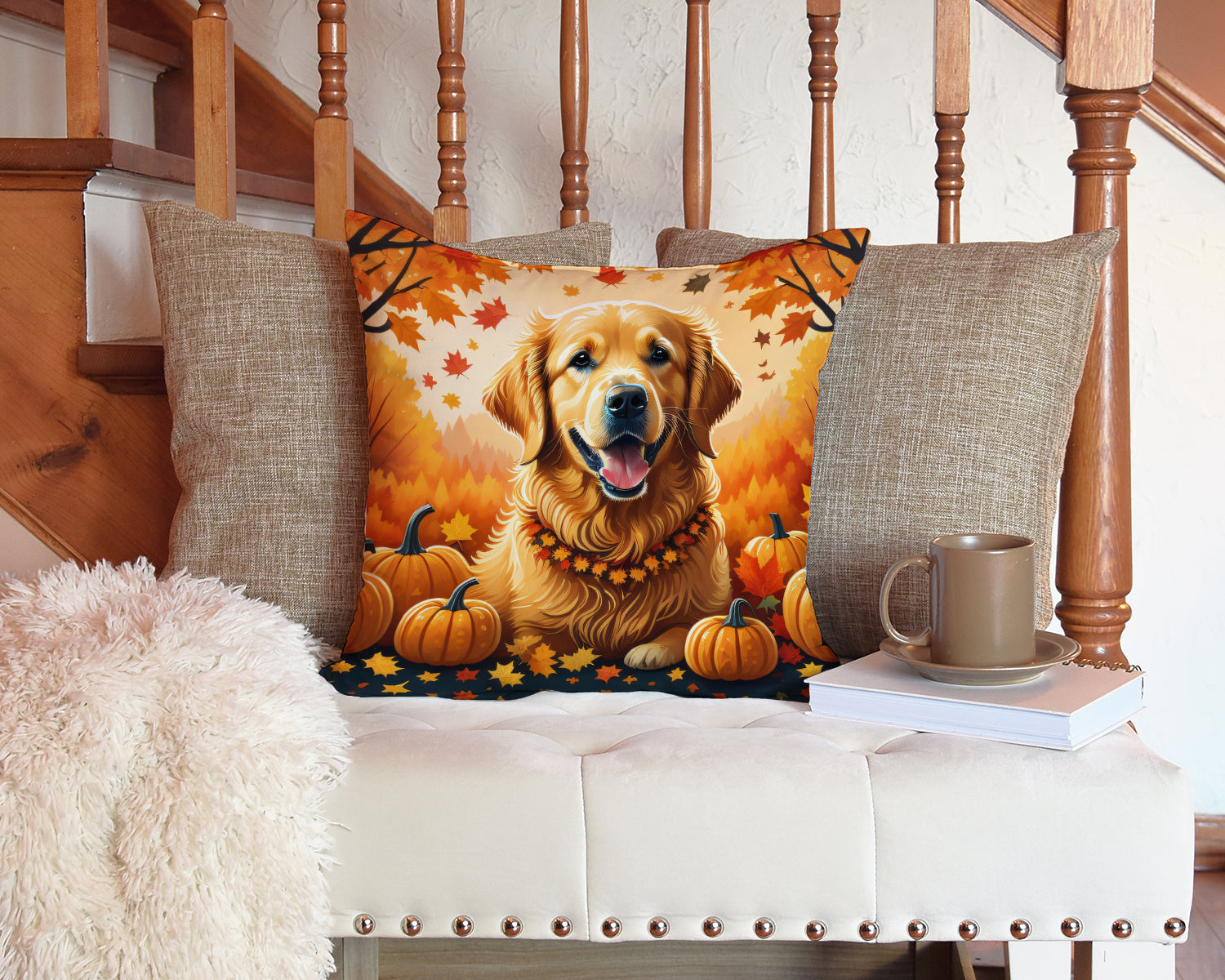 Golden Retriever Fall Fabric Decorative Pillow