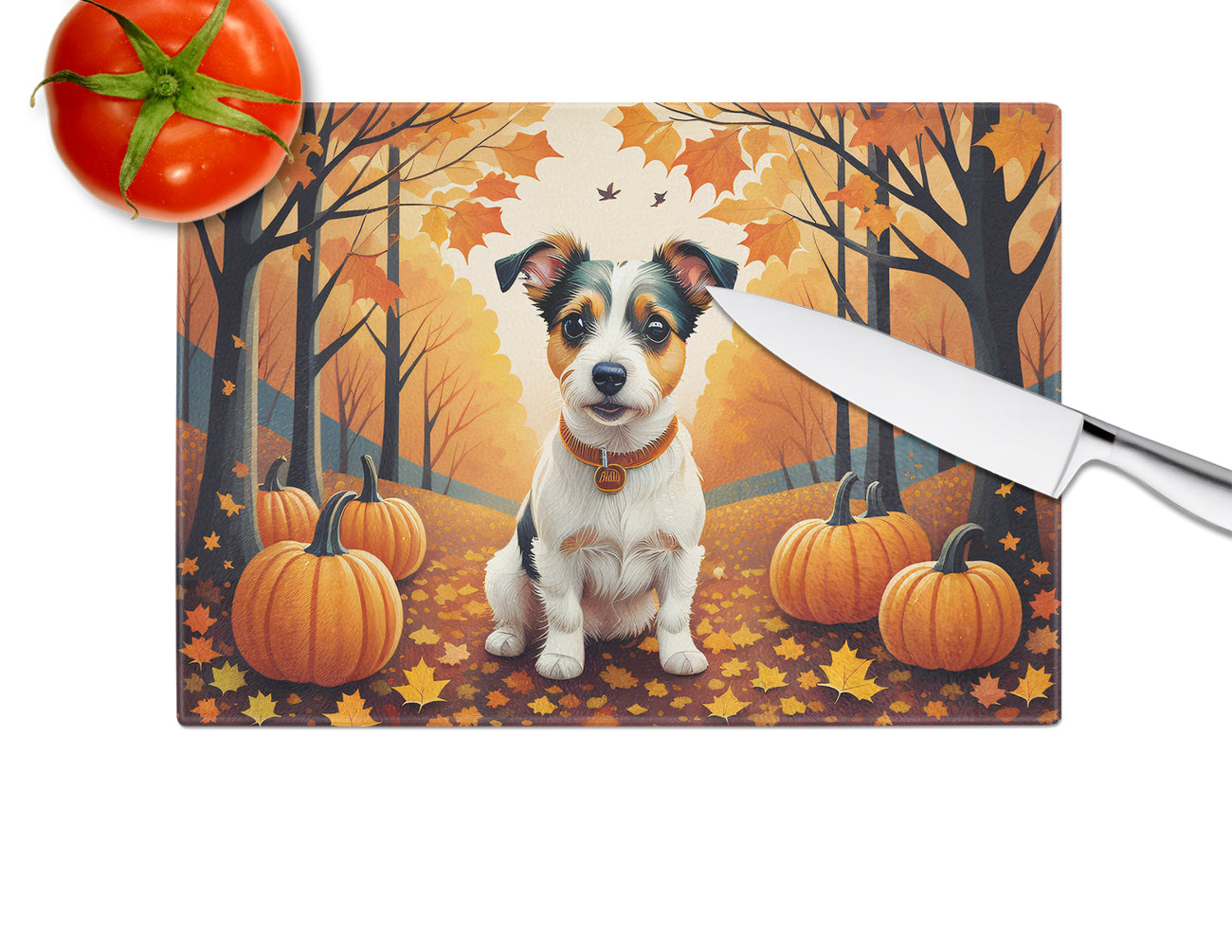 Jack Russell Terrier Fall Glass Cutting Board Large