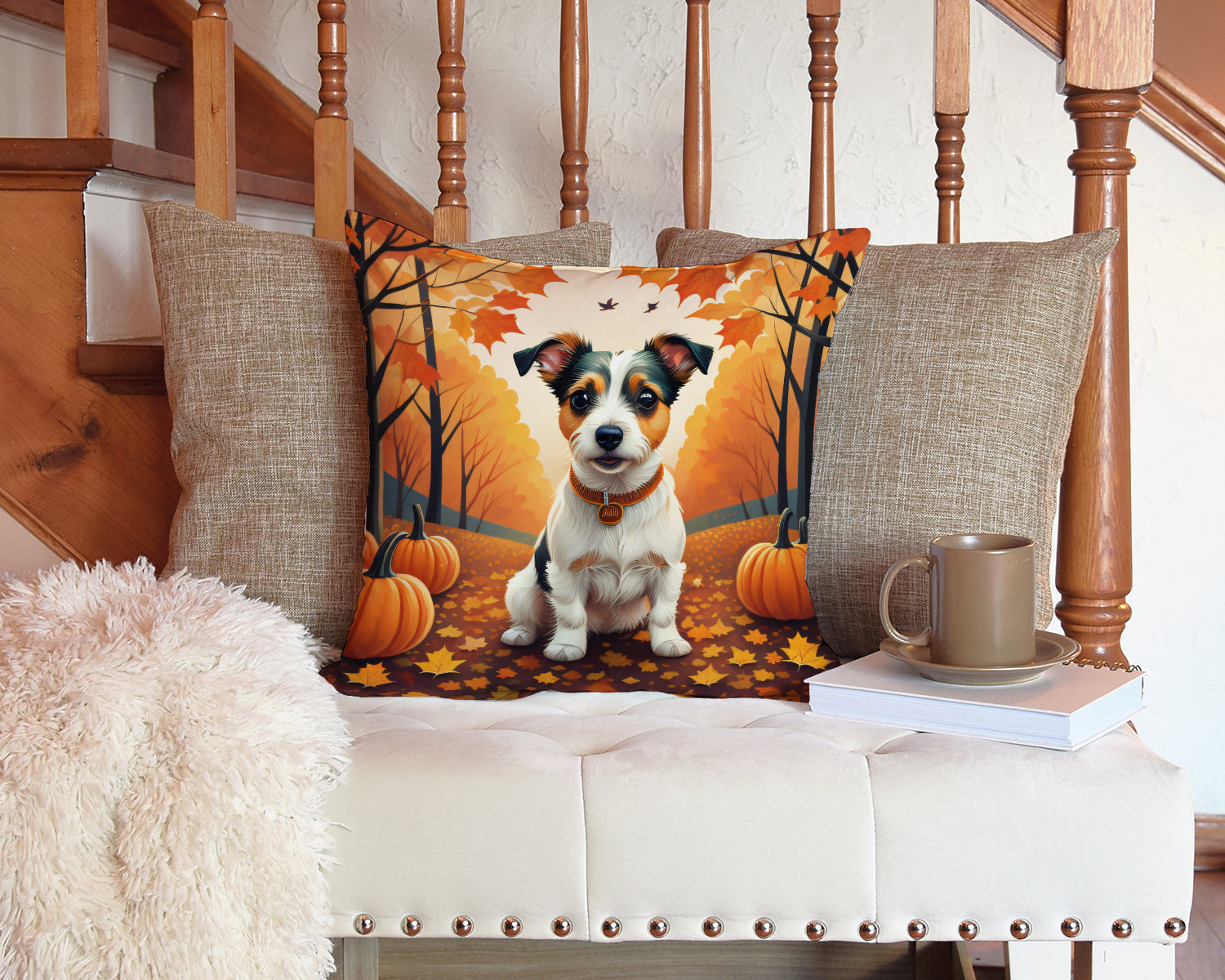 Jack Russell Terrier Fall Fabric Decorative Pillow