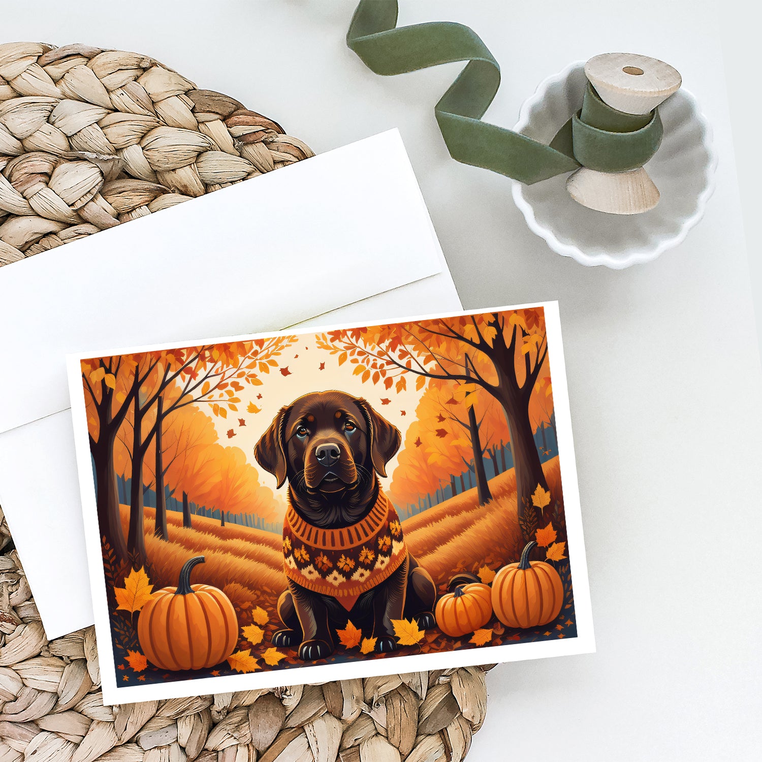 Chocolate Labrador Retriever Fall Greeting Cards and Envelopes Pack of 8