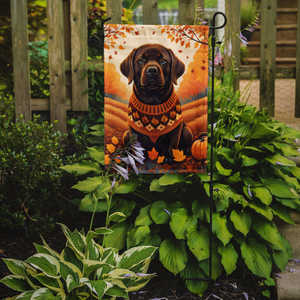 Caroline's Treasures Chocolate Labrador Retriever Fall Garden Flag – Dog Surrounded by Pumpkins & Autumn Leaves