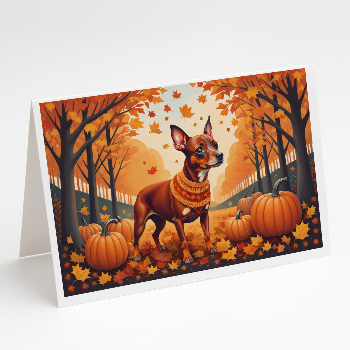 Buy this Red Miniature Pinscher Fall Greeting Cards and Envelopes Pack of 8