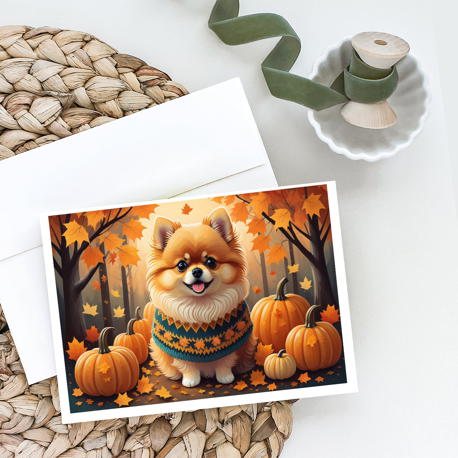 Pomeranian Fall Greeting Cards and Envelopes Pack of 8