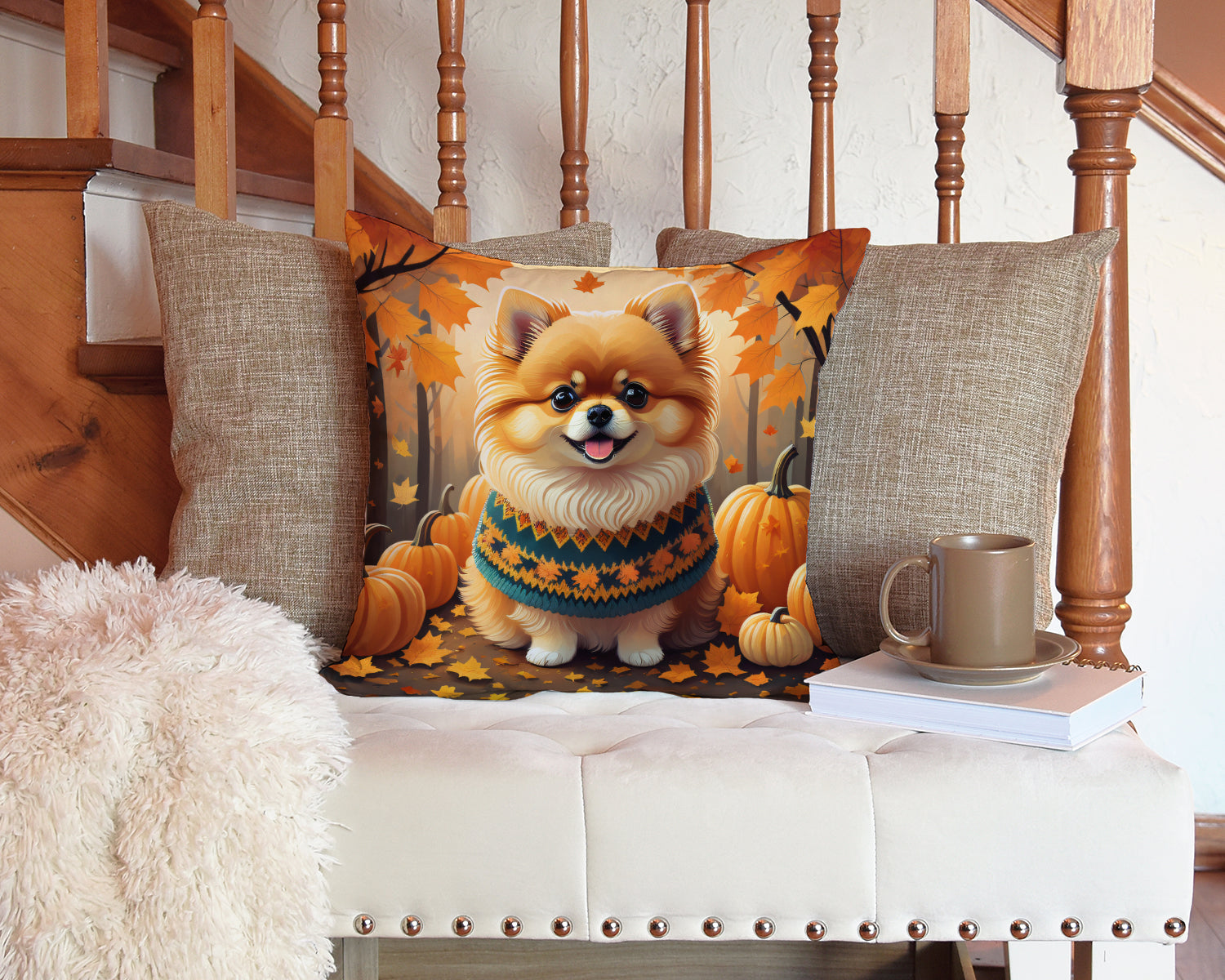 Pomeranian Fall Fabric Decorative Pillow