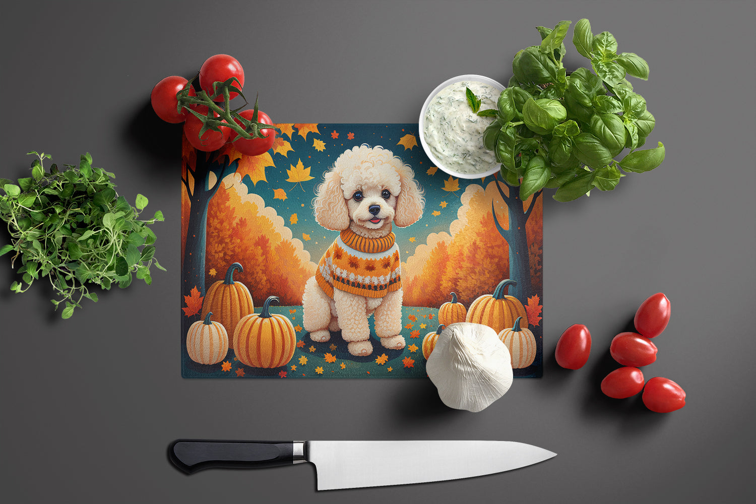 Poodle Fall Glass Cutting Board Large