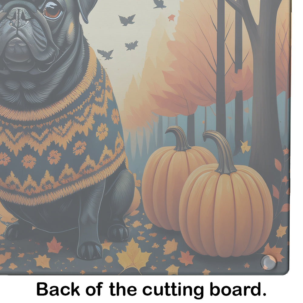 Black Pug Fall Glass Cutting Board Large