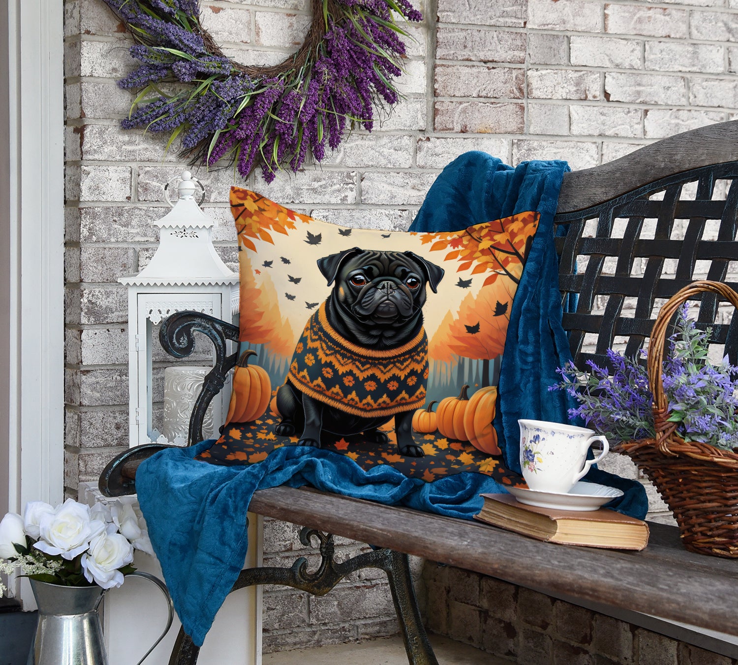 Black Pug Fall Fabric Decorative Pillow