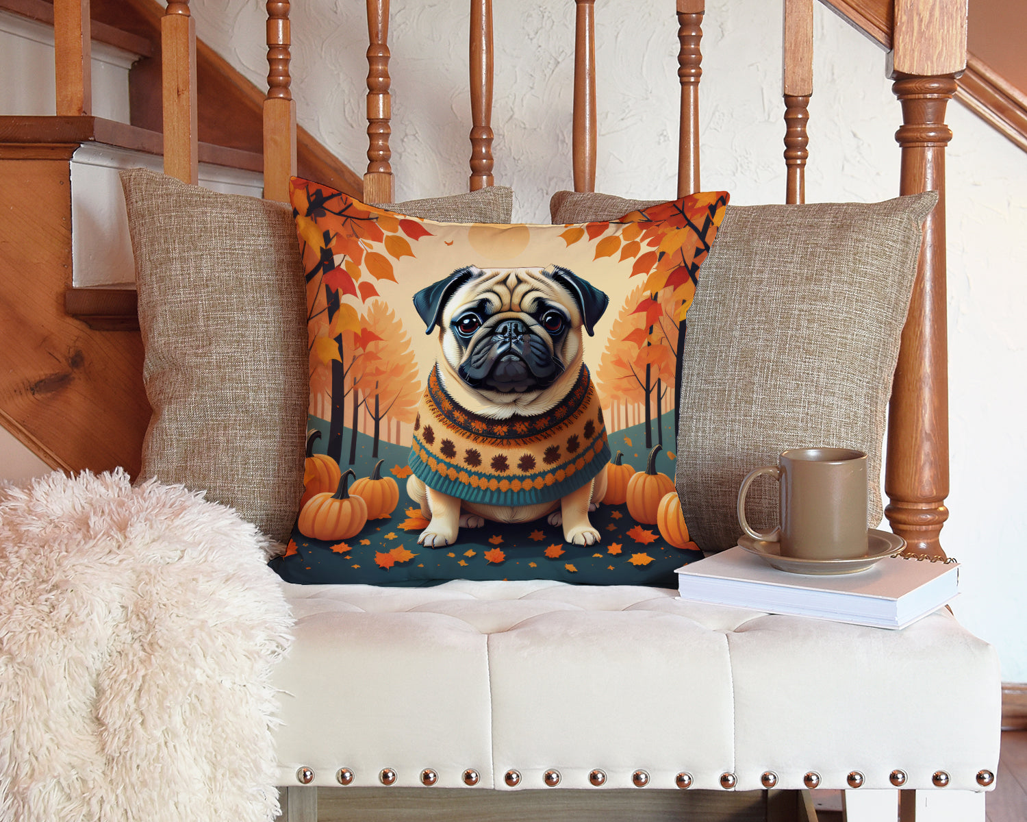 Fawn Pug Fall Fabric Decorative Pillow