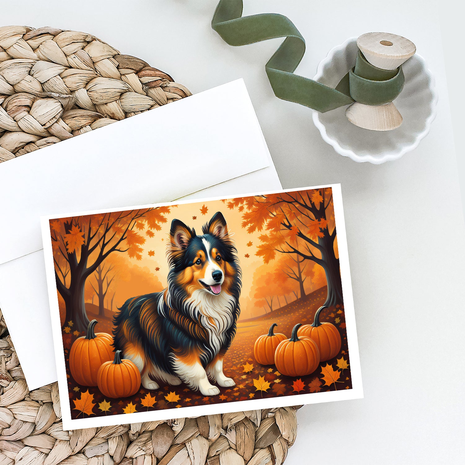 Sheltie Fall Greeting Cards and Envelopes Pack of 8