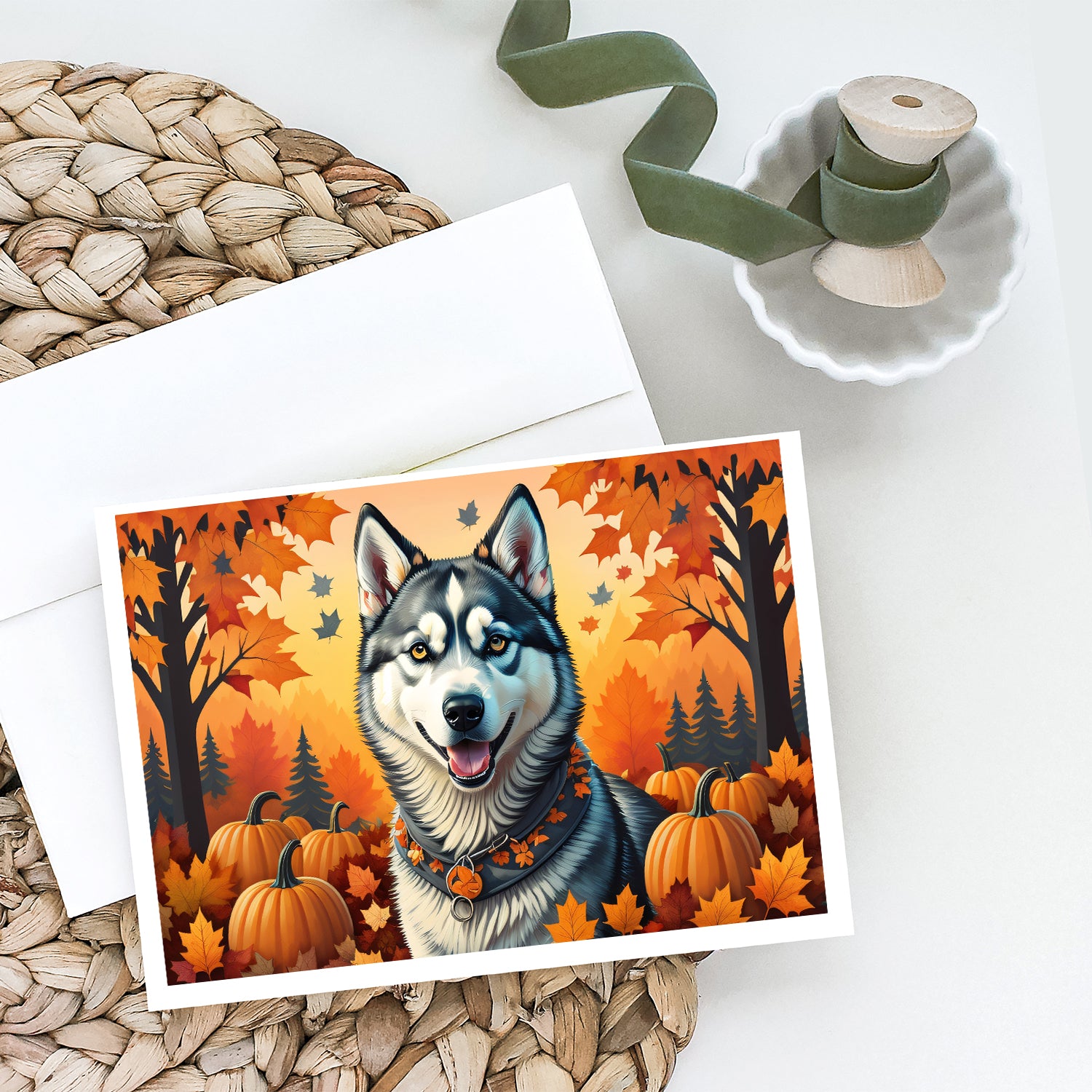 Buy this Siberian Husky Fall Greeting Cards and Envelopes Pack of 8