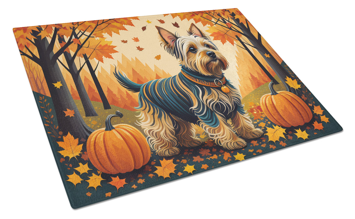 Buy this Silky Terrier Fall Glass Cutting Board Large