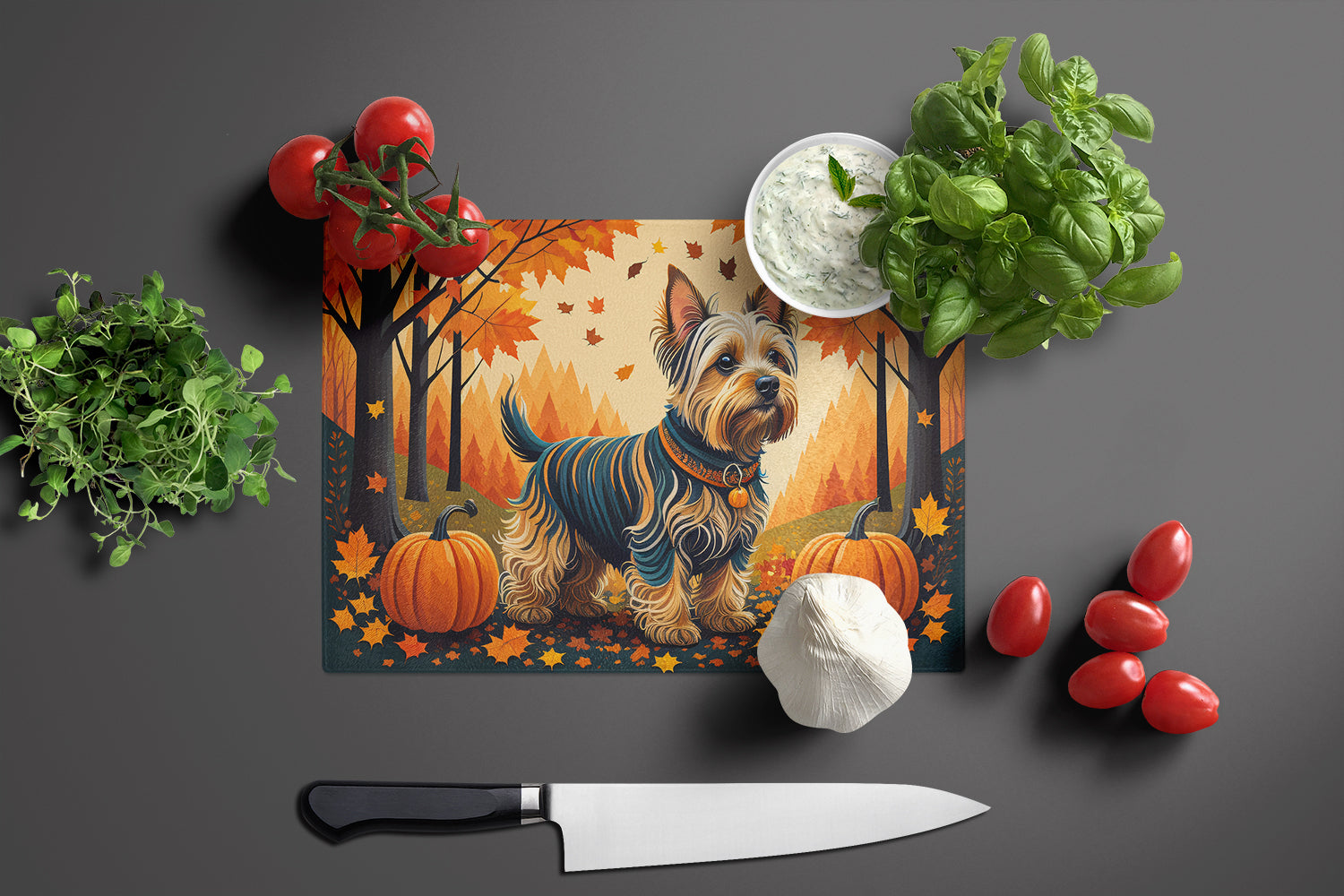Silky Terrier Fall Glass Cutting Board Large