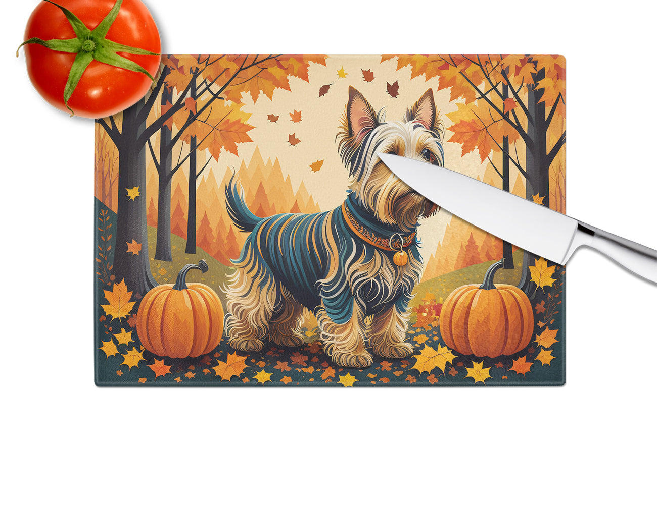 Silky Terrier Fall Glass Cutting Board Large