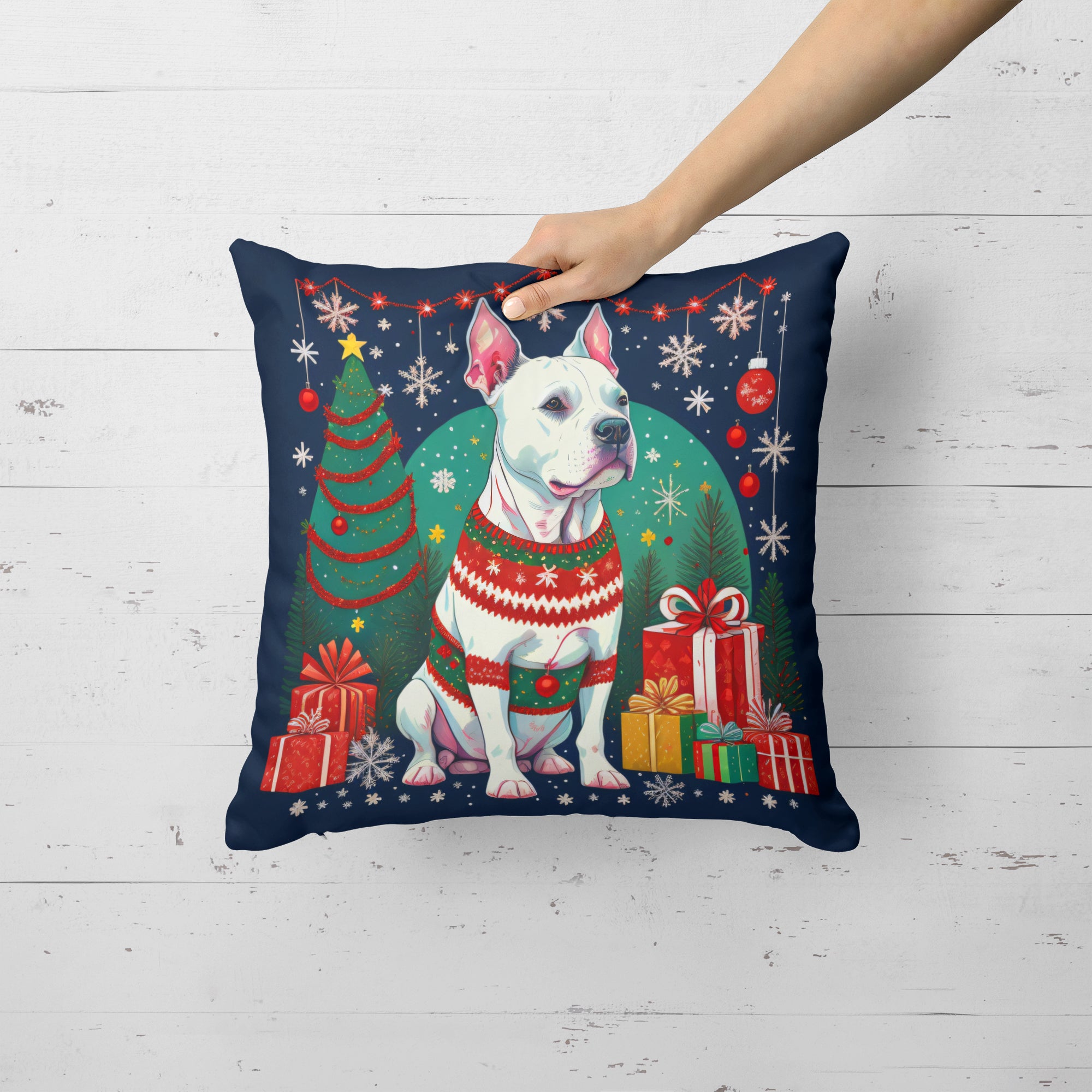 White Pit Bull Terrier Christmas Fabric Decorative Pillow