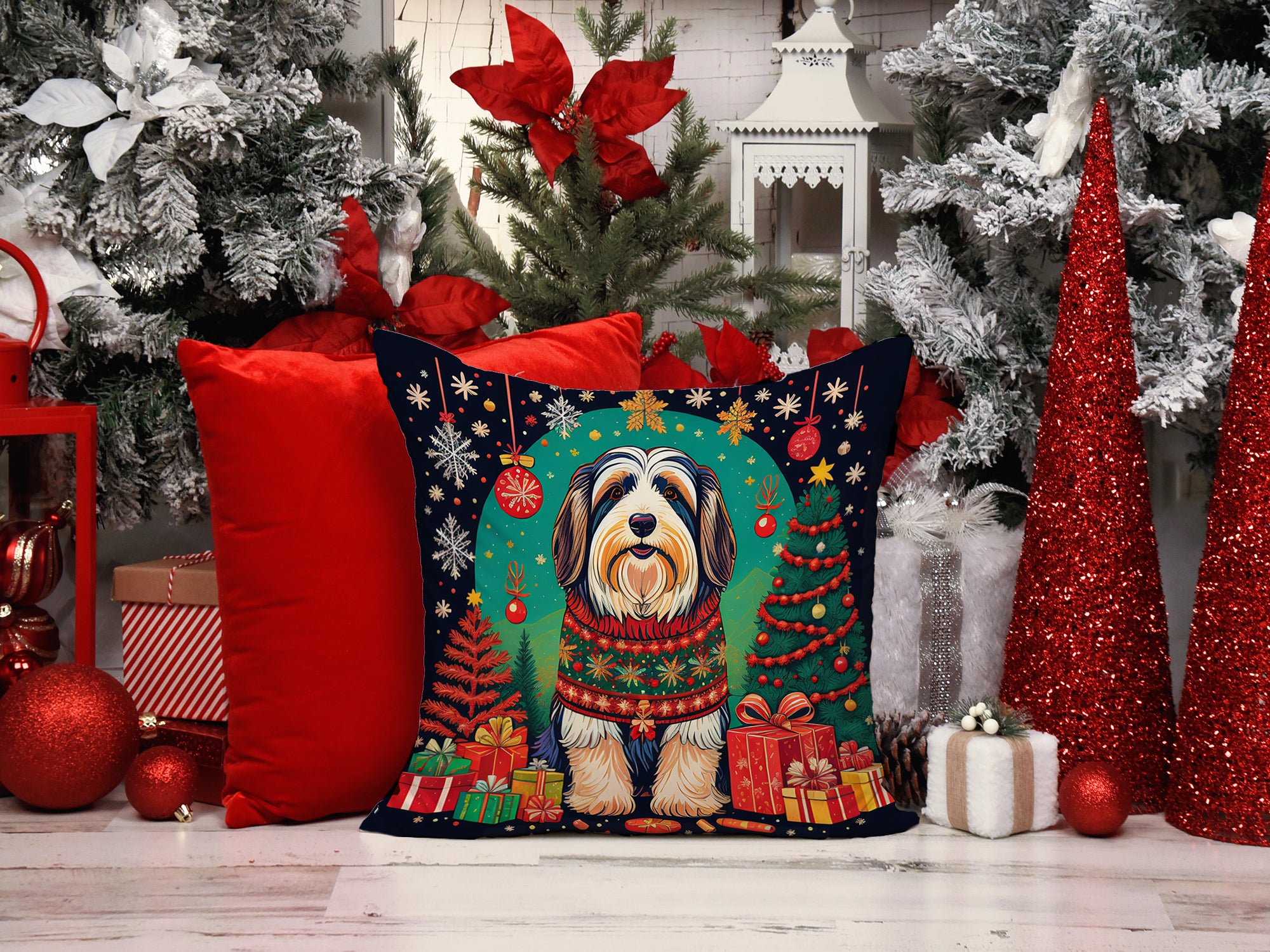 Bearded Collie Christmas Fabric Decorative Pillow