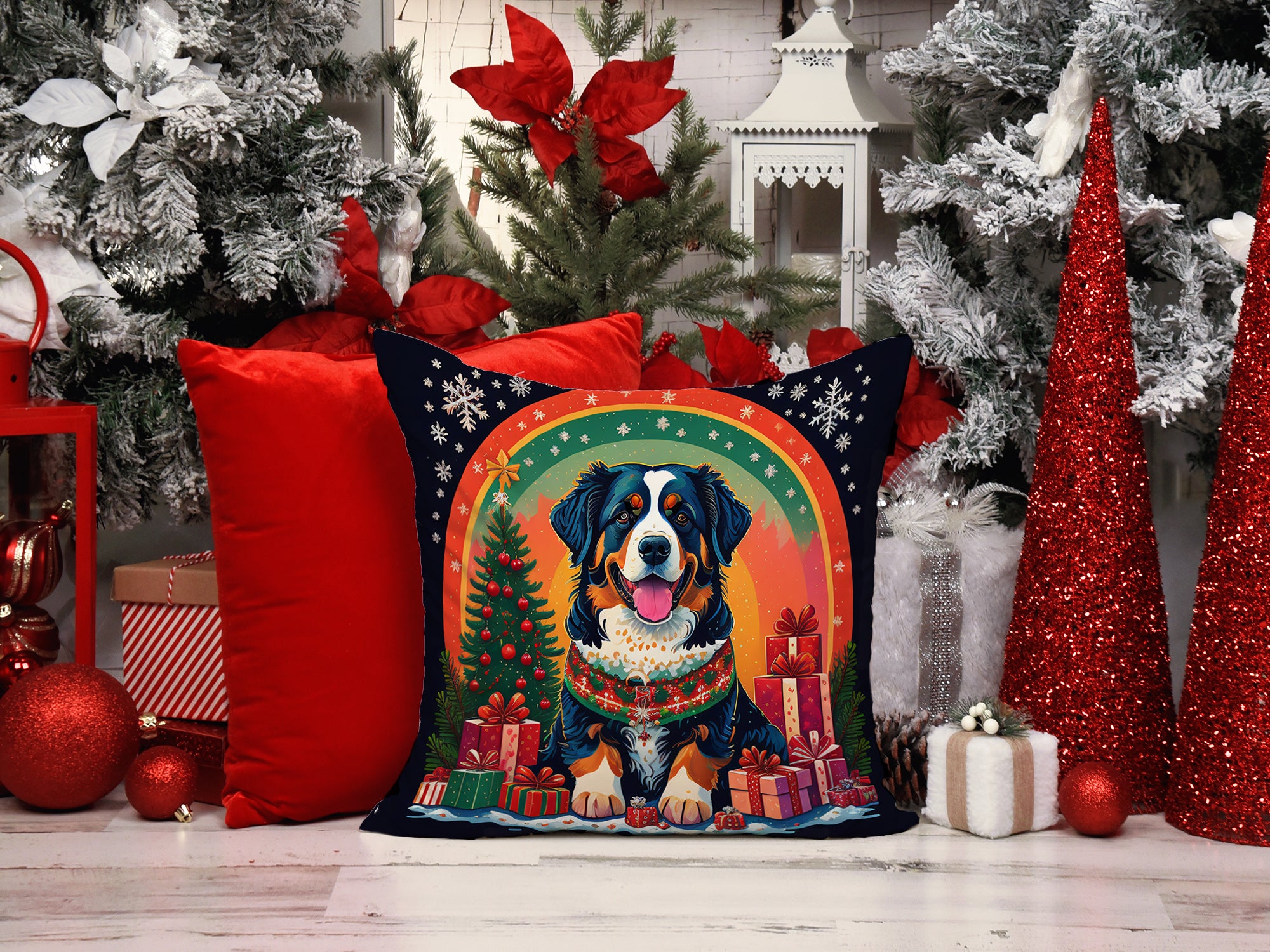Bernese Mountain Dog Christmas Fabric Decorative Pillow