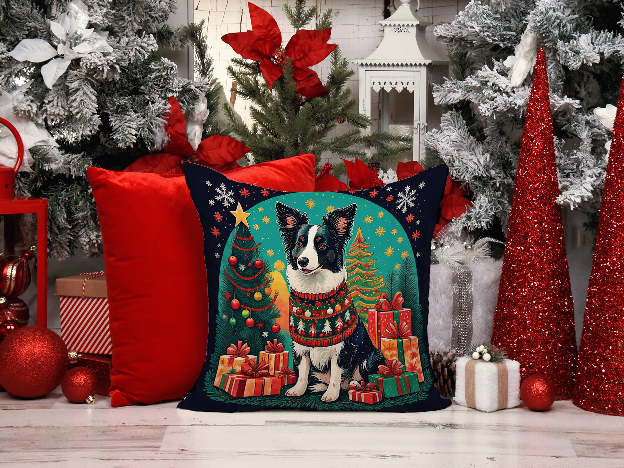 Border Collie Christmas Fabric Decorative Pillow
