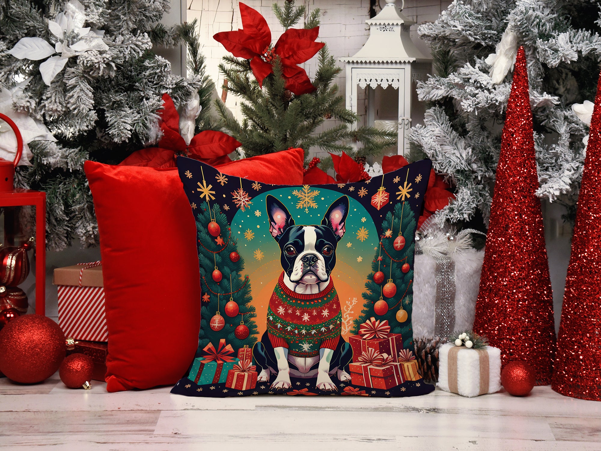 Boston Terrier Christmas Fabric Decorative Pillow