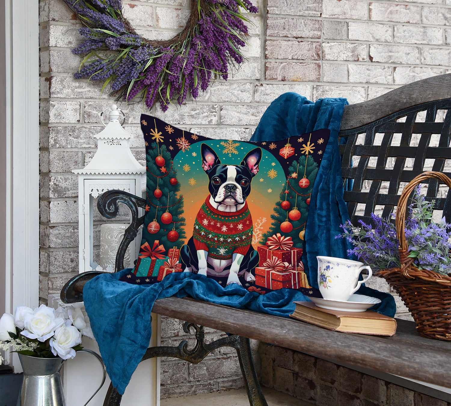 Boston Terrier Christmas Fabric Decorative Pillow