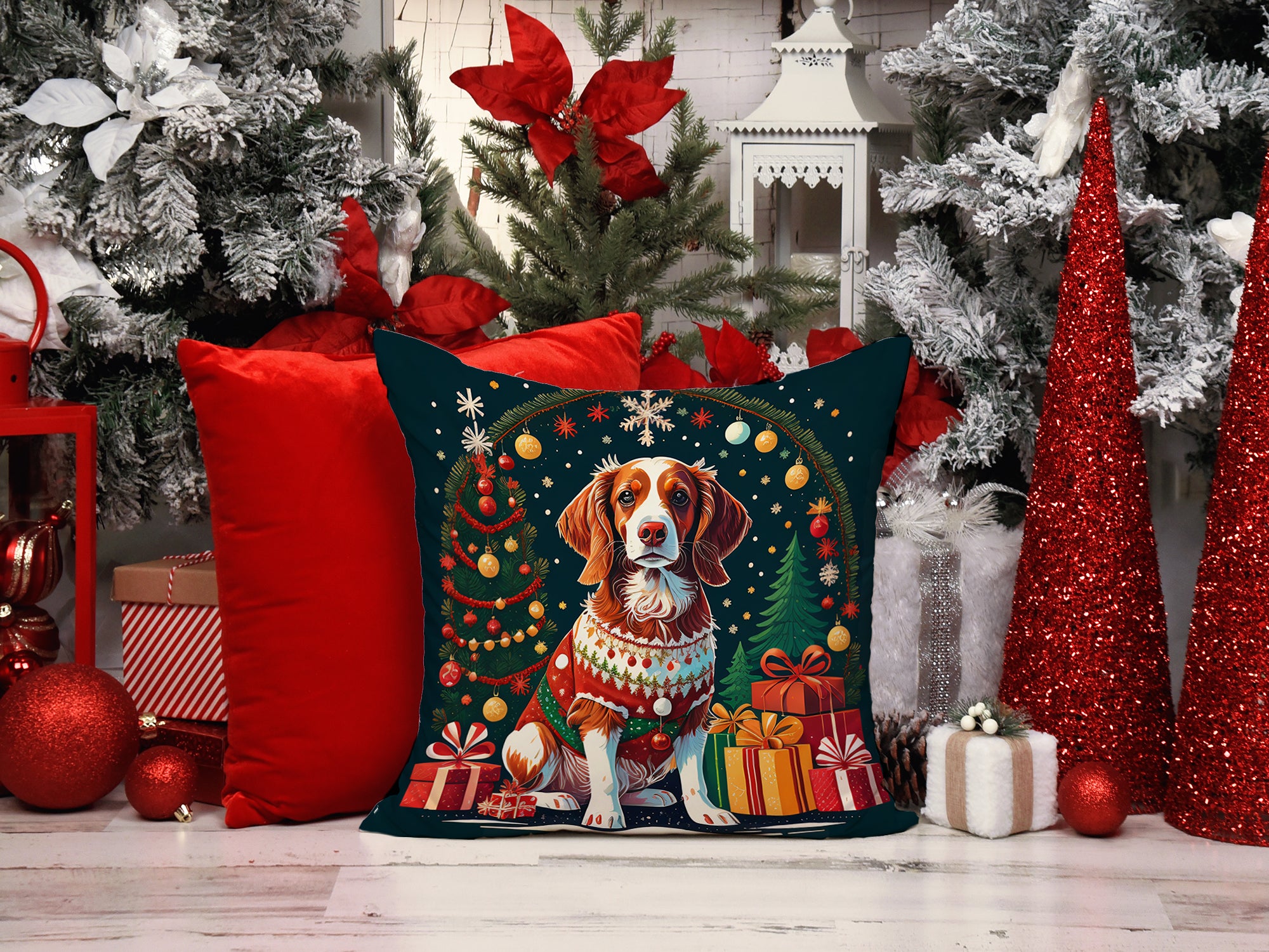 Brittany Spaniel Christmas Fabric Decorative Pillow