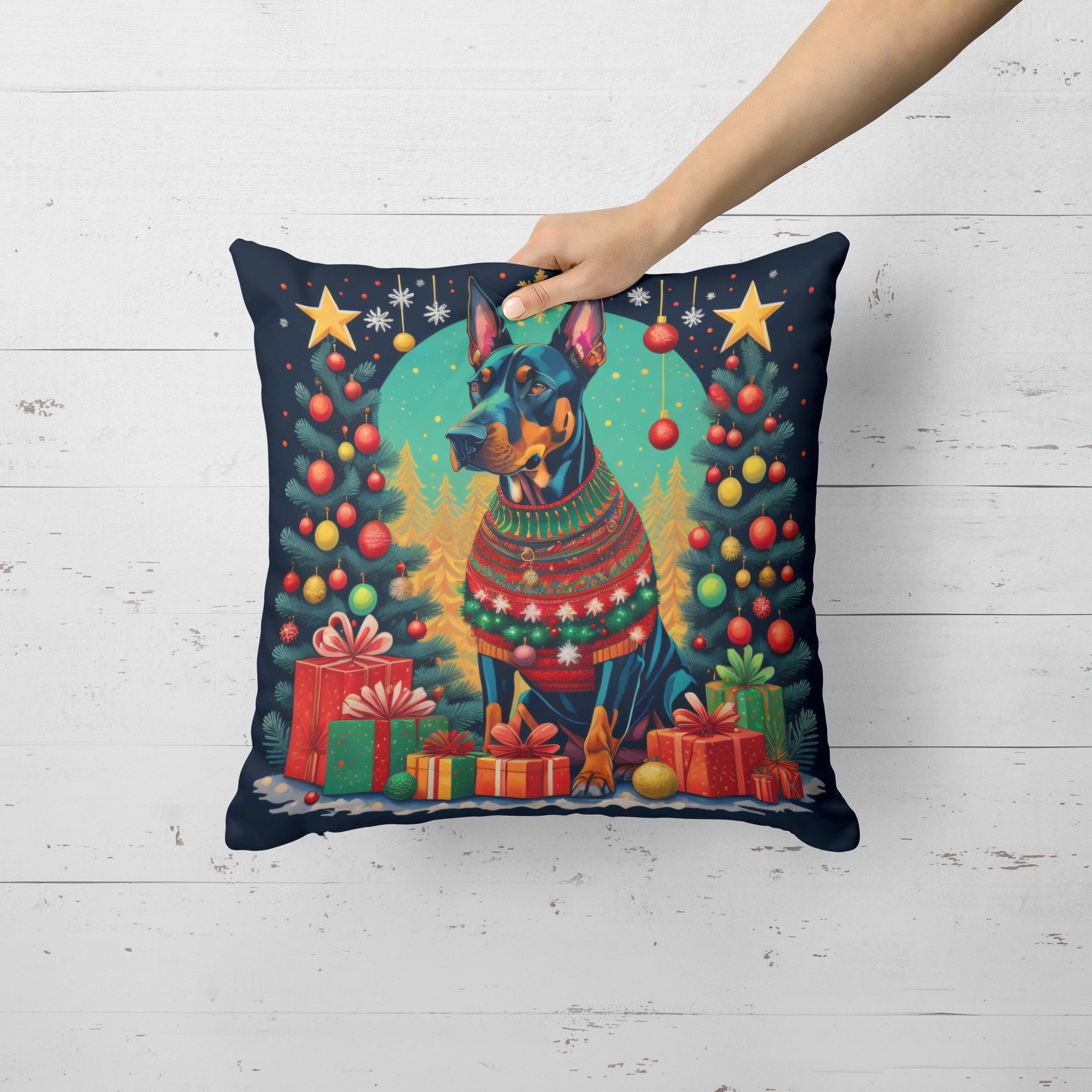 Doberman Pinscher Christmas Fabric Decorative Pillow