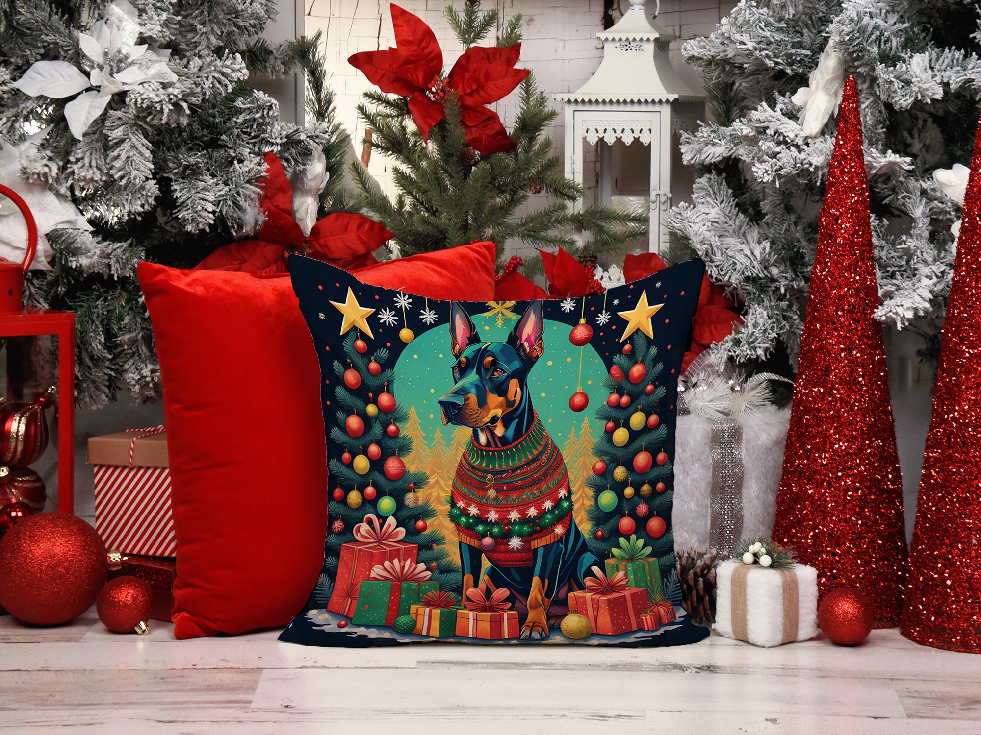 Doberman Pinscher Christmas Fabric Decorative Pillow
