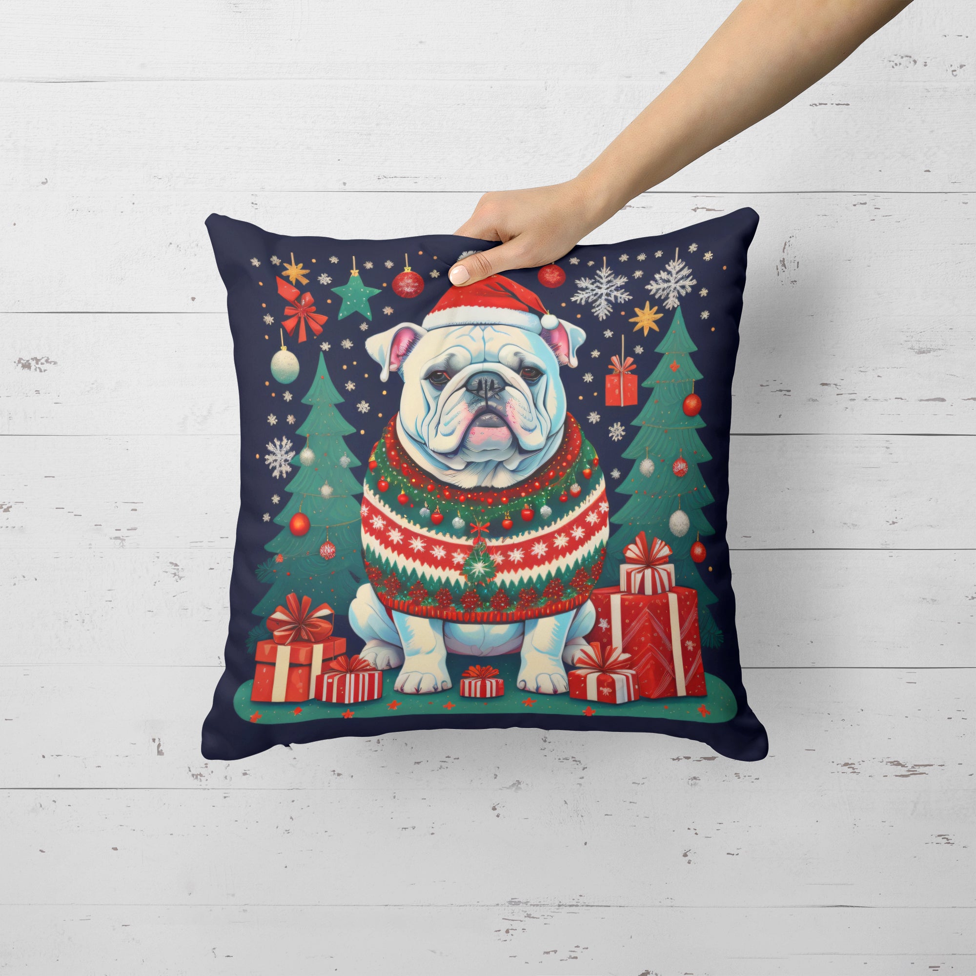 White English Bulldog Christmas Fabric Decorative Pillow