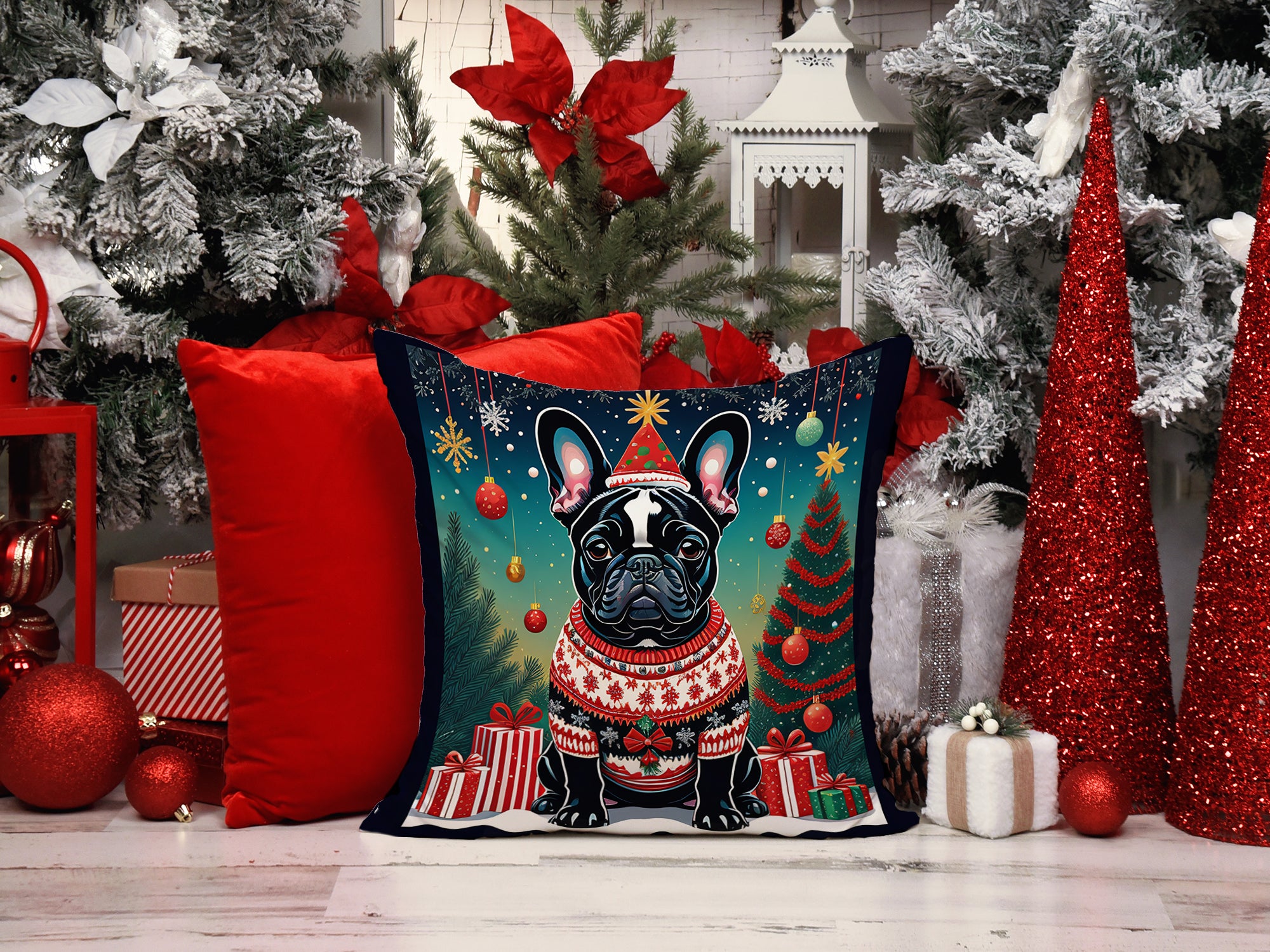 Black French Bulldog Christmas Fabric Decorative Pillow
