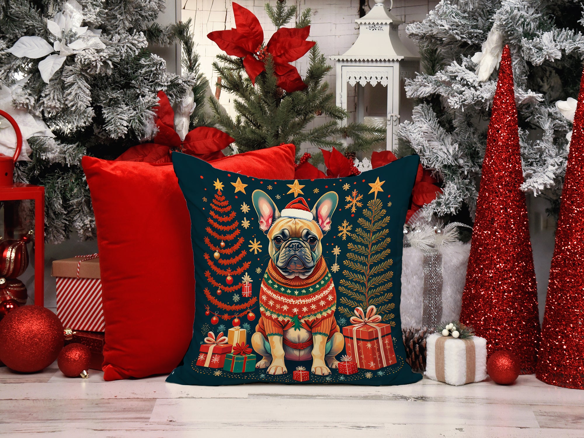 Fawn French Bulldog Christmas Fabric Decorative Pillow