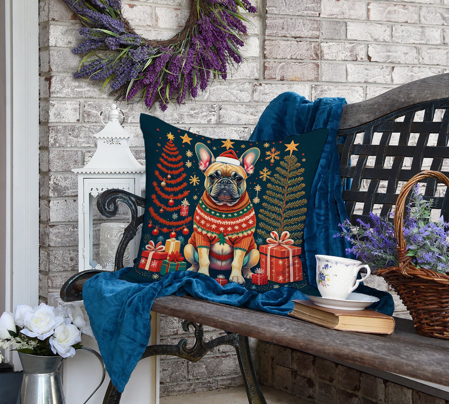 Fawn French Bulldog Christmas Fabric Decorative Pillow