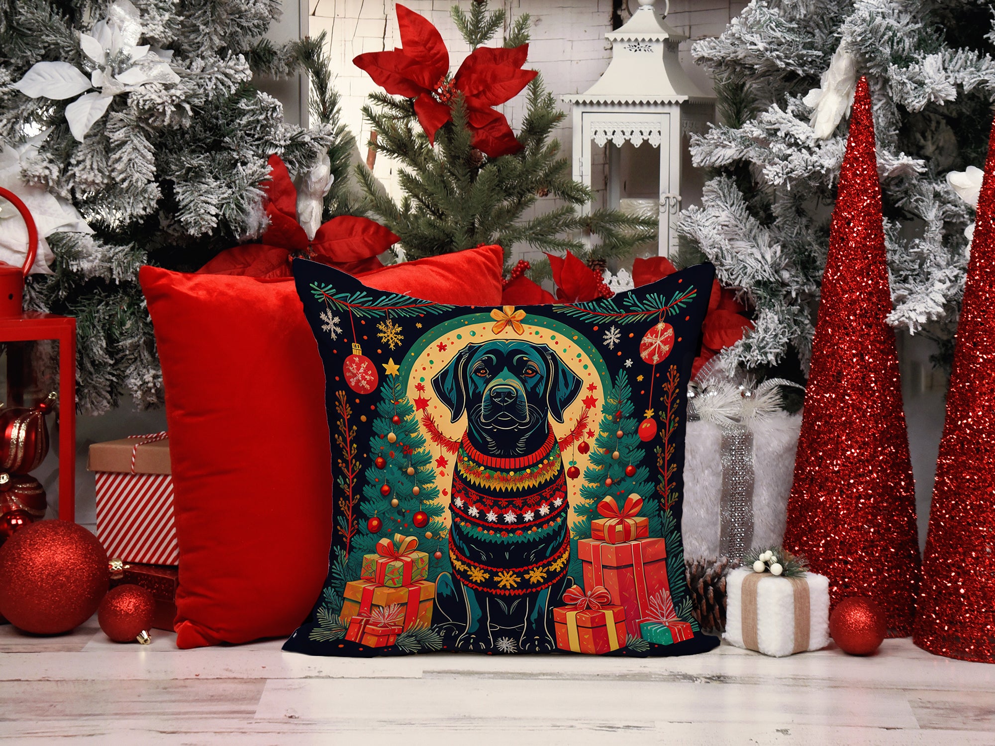 Black Labrador Retriever Christmas Fabric Decorative Pillow