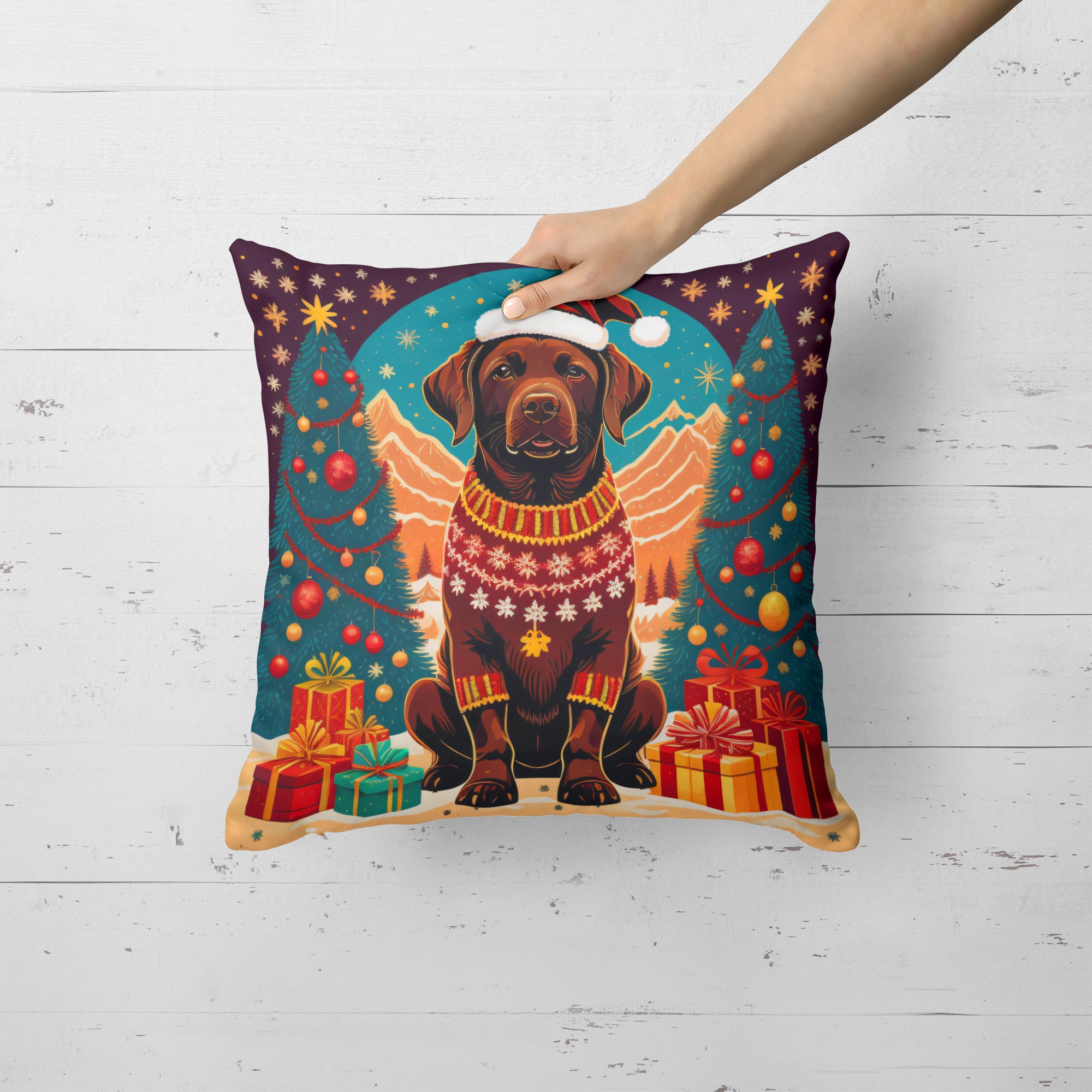 Buy this Chocolate Labrador Retriever Christmas Fabric Decorative Pillow