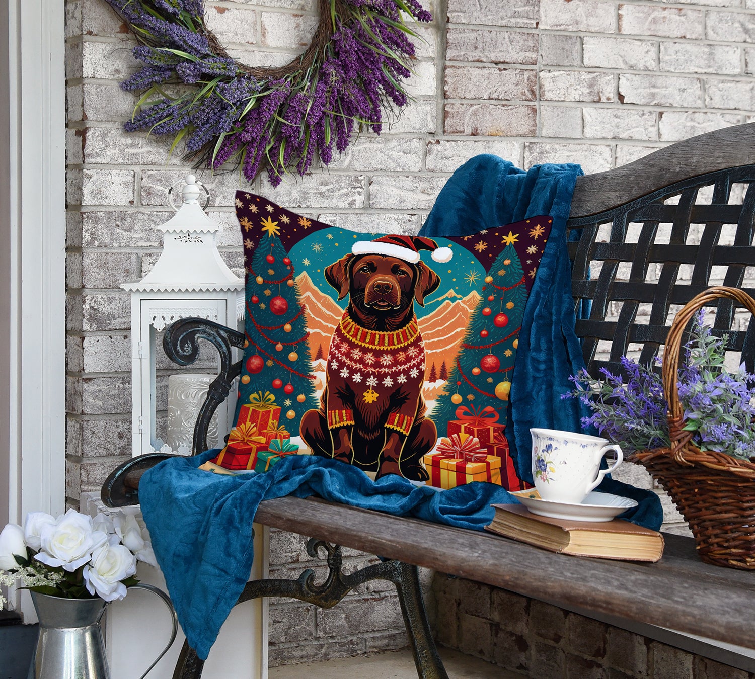 Chocolate Labrador Retriever Christmas Fabric Decorative Pillow