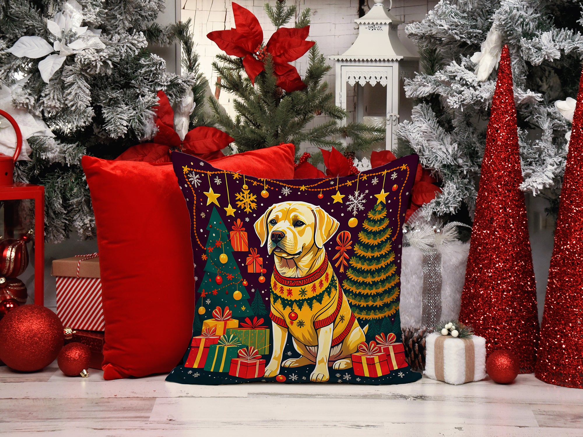 Yellow Labrador Retriever Christmas Fabric Decorative Pillow