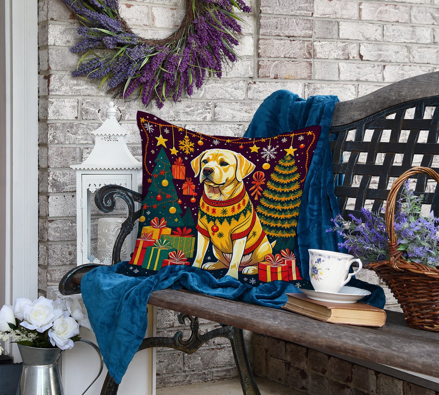 Yellow Labrador Retriever Christmas Fabric Decorative Pillow