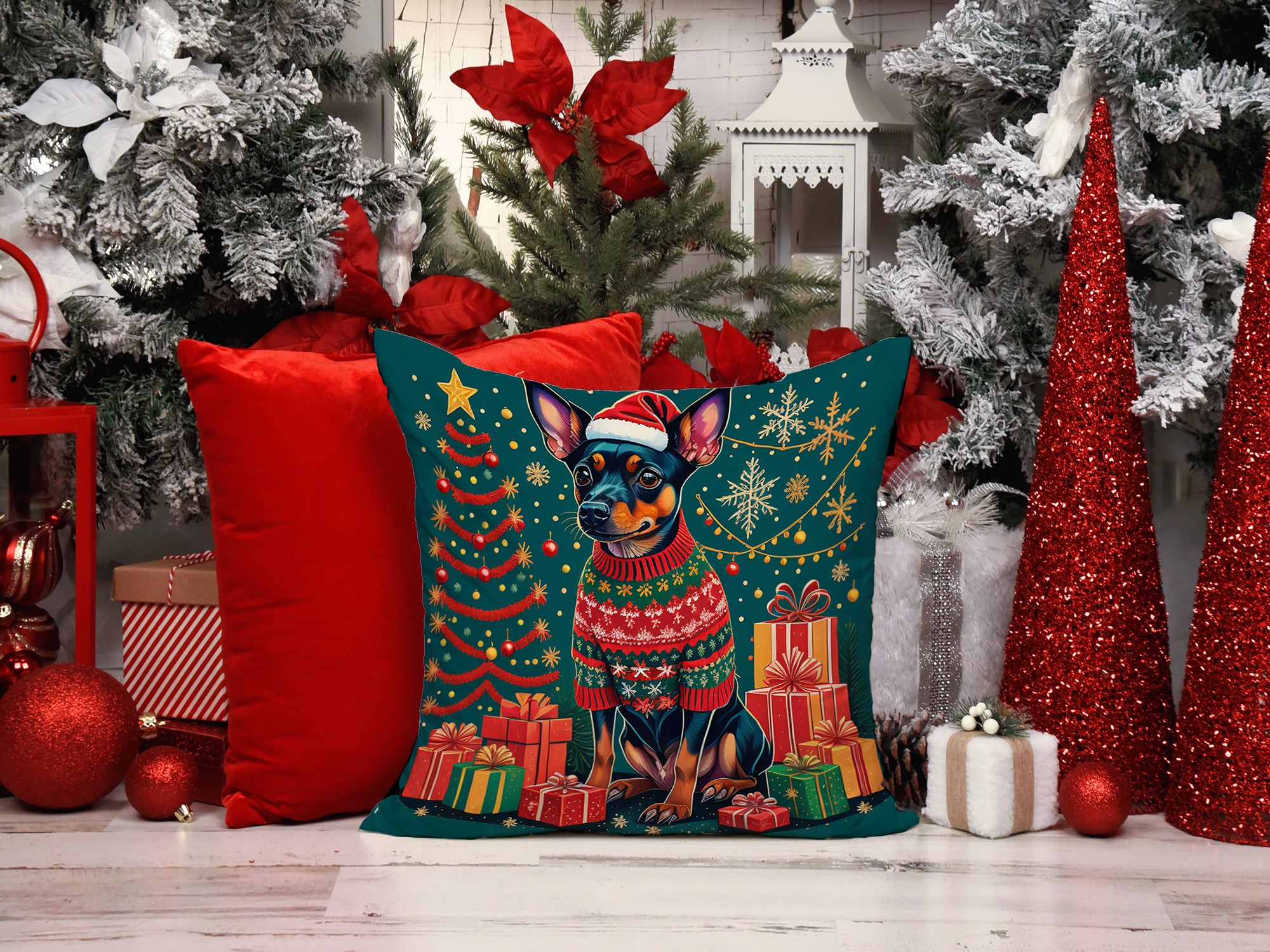 Miniature Pinscher Christmas Fabric Decorative Pillow