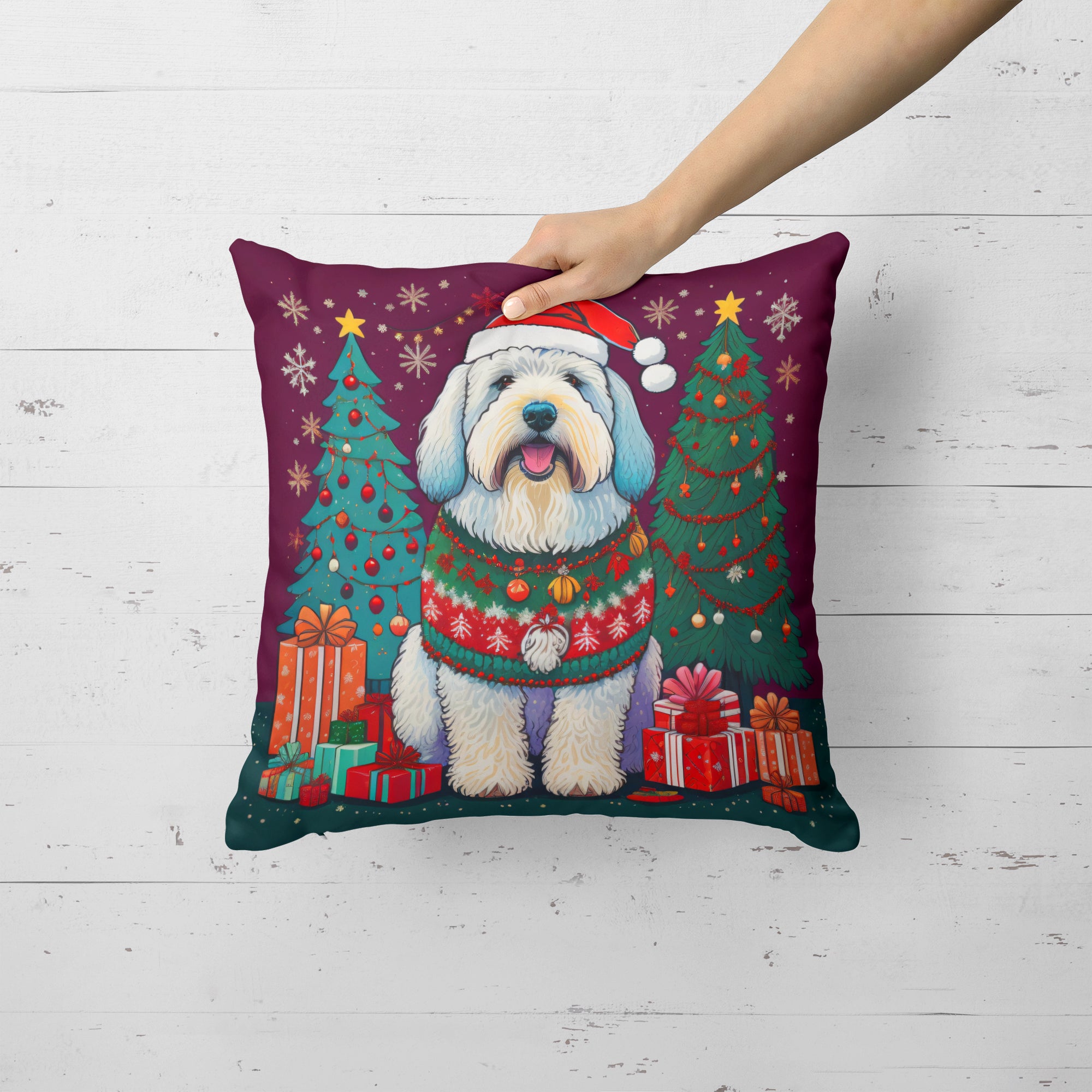 Old English Sheepdog Christmas Fabric Decorative Pillow