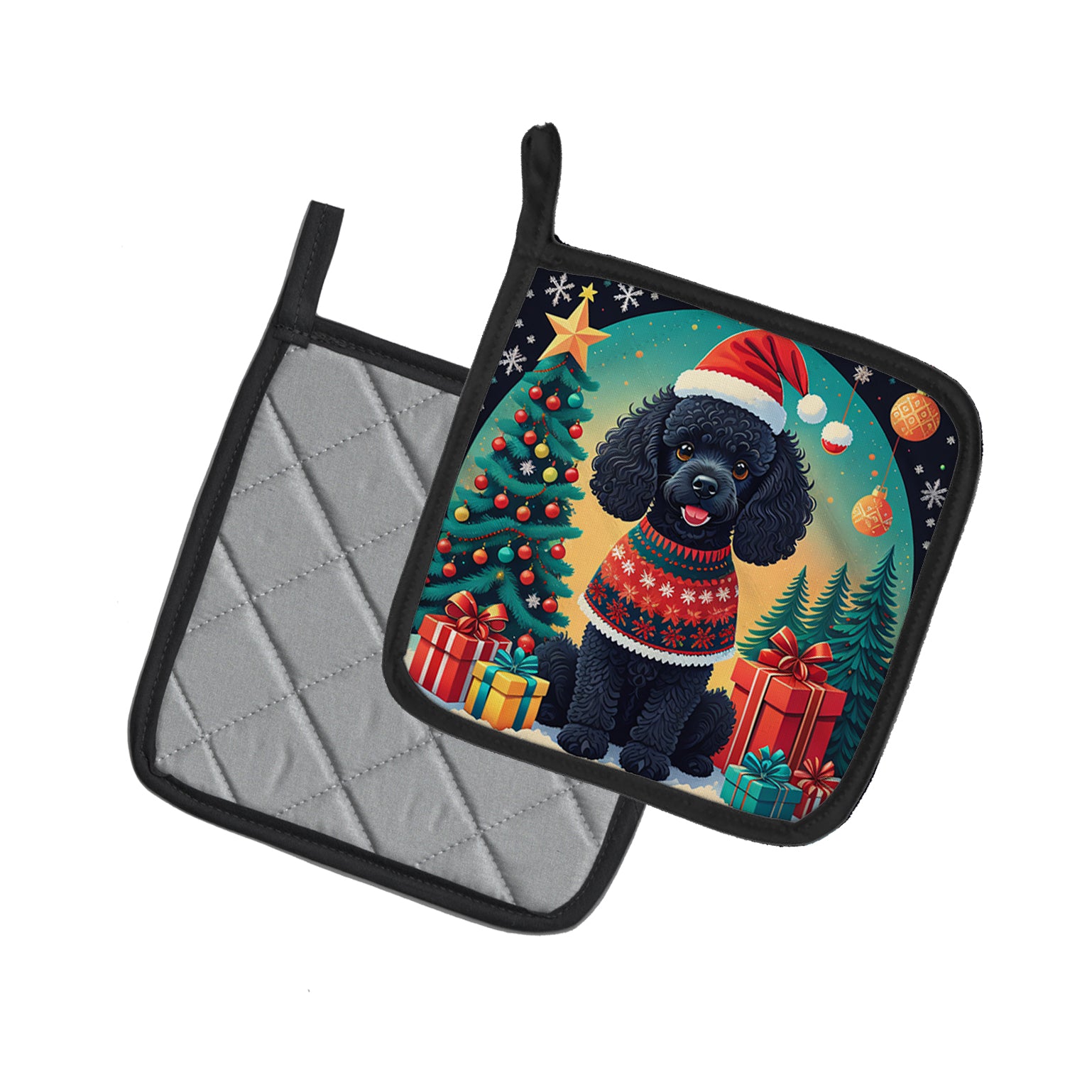 Black Toy Poodle Christmas Pair of Pot Holders