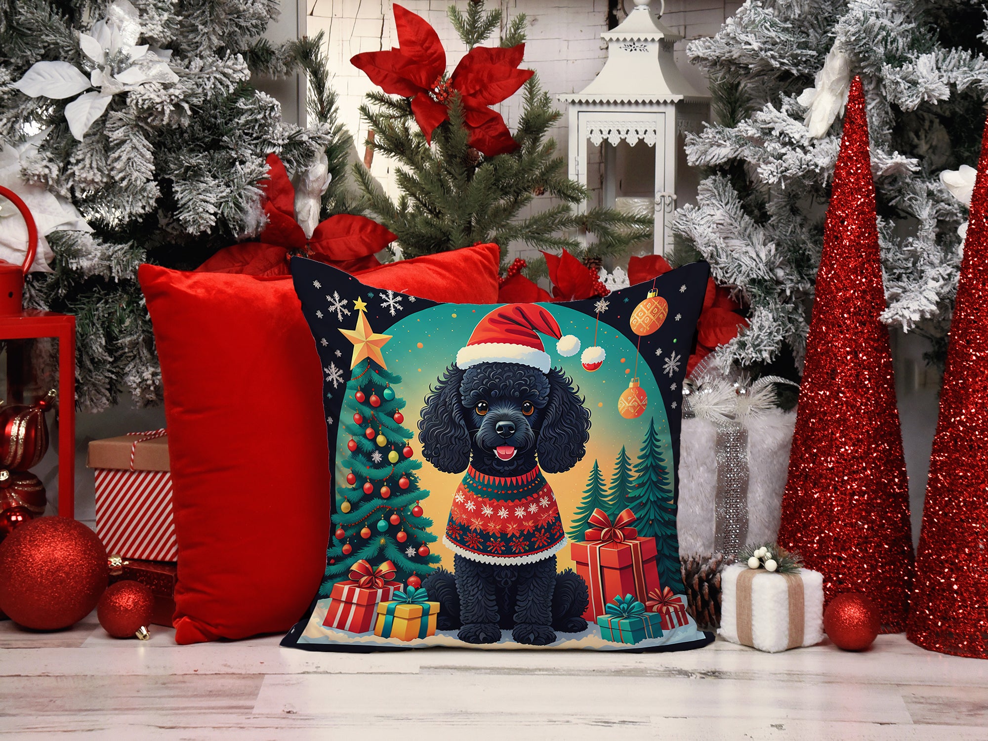 Black Toy Poodle Christmas Fabric Decorative Pillow