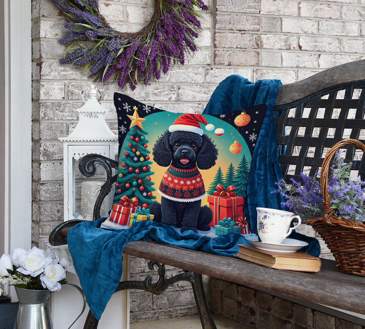 Black Toy Poodle Christmas Fabric Decorative Pillow